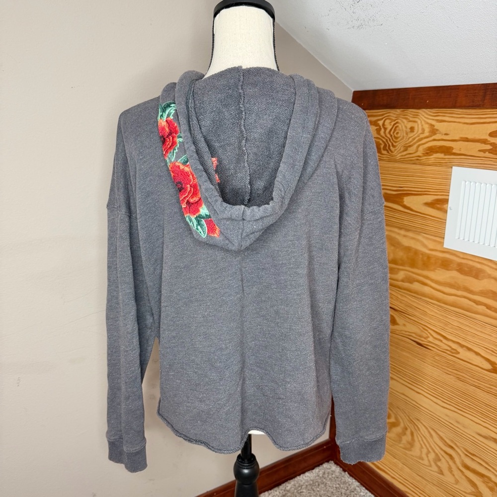 American Eagle Outfitters Floral Embroidered Hoodie Sweatshirt Dark Gray Large L - Picture 2 of 9